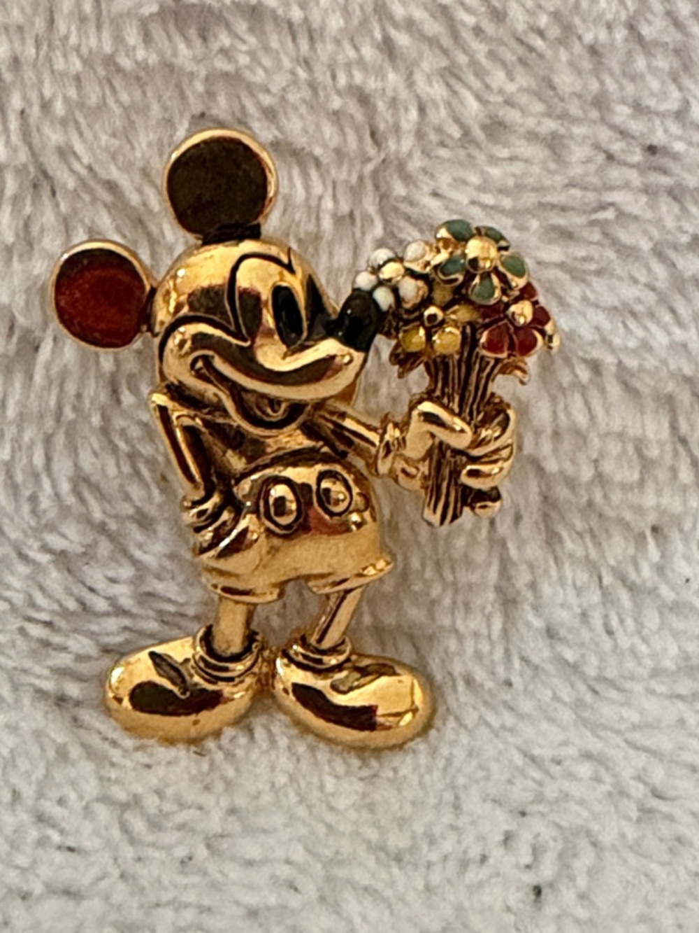 Disney Gold-tone Mickey Mouse Pin with Enamel Bouquet